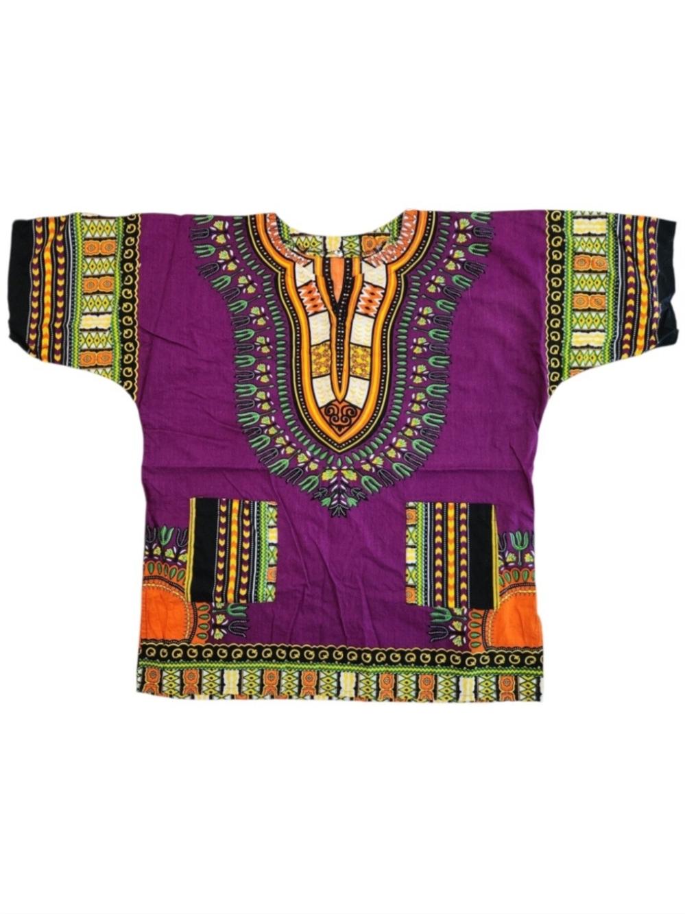 Purple Dashiki Short-Sleeve Top with Multicolor Print Jamaican African M